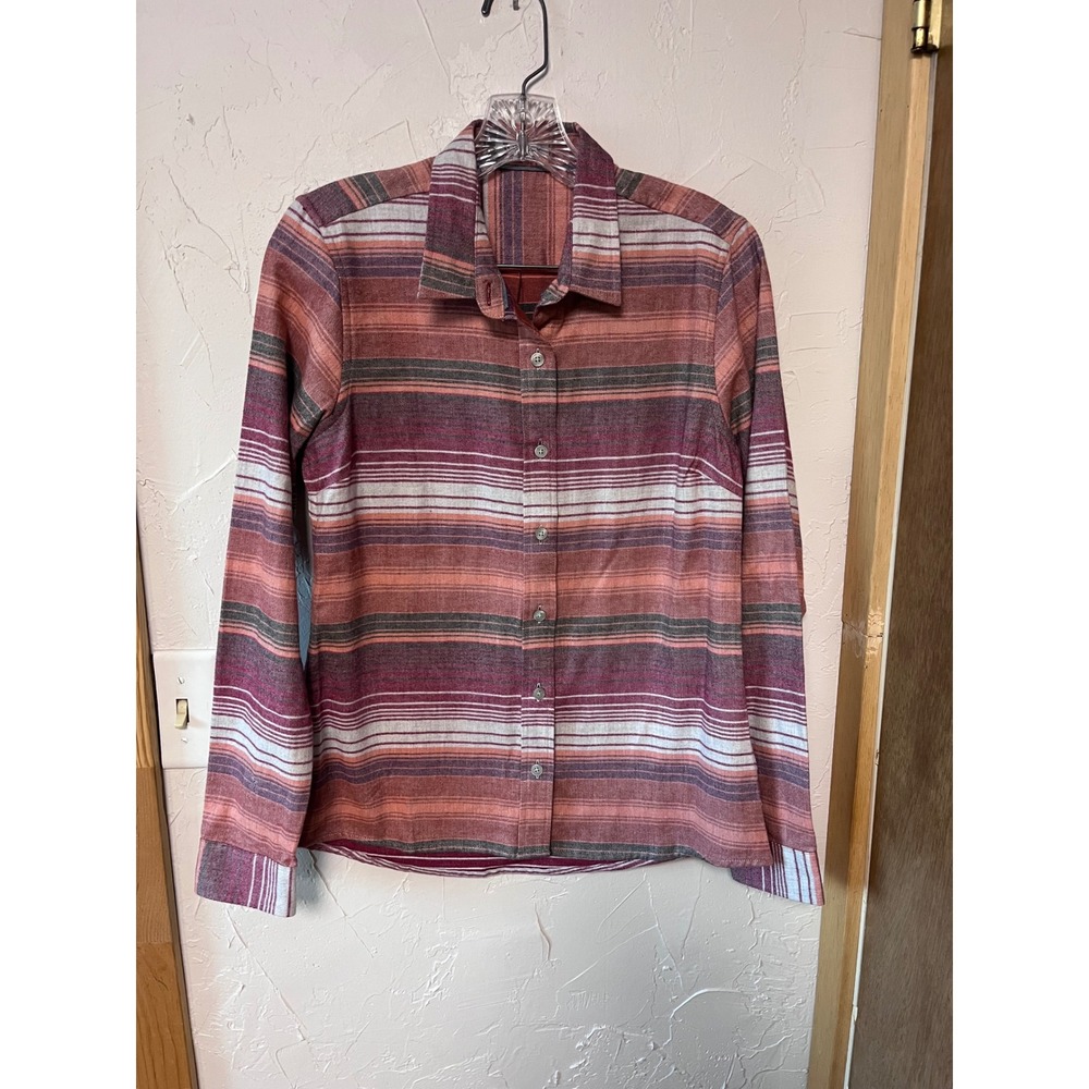Toad&Co Womens Organic Cotton Striped Button Down Shirt XS‎ Coral Pink Green